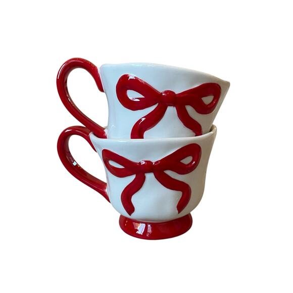Hand Painted RED BOW Mug Set of 2 Christmas Holiday Glam New - Picture 1 of 16